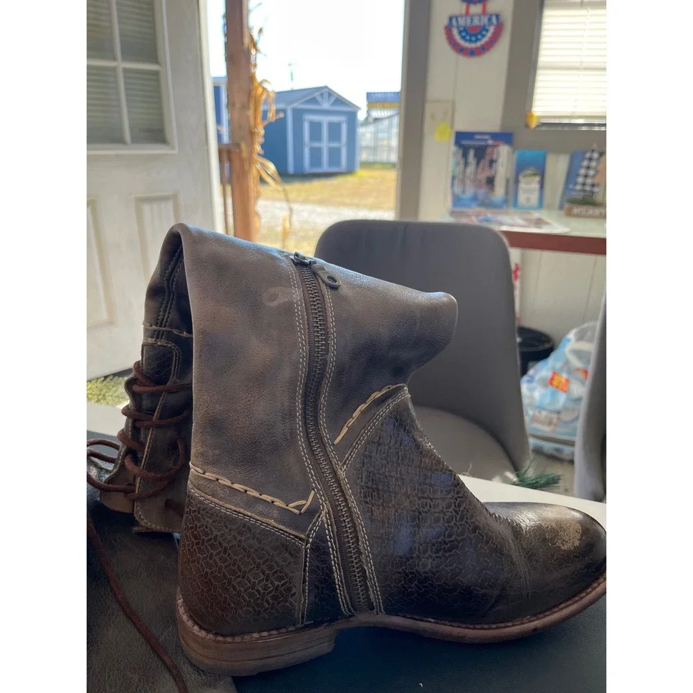 BED STU Women's Brown Leather Tall Lace Up‎ Side Zip Boots Size 8